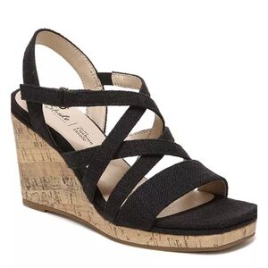 Life Stride Indigo Linen Black Strappy Cork Wedge Sandals Size 7.5